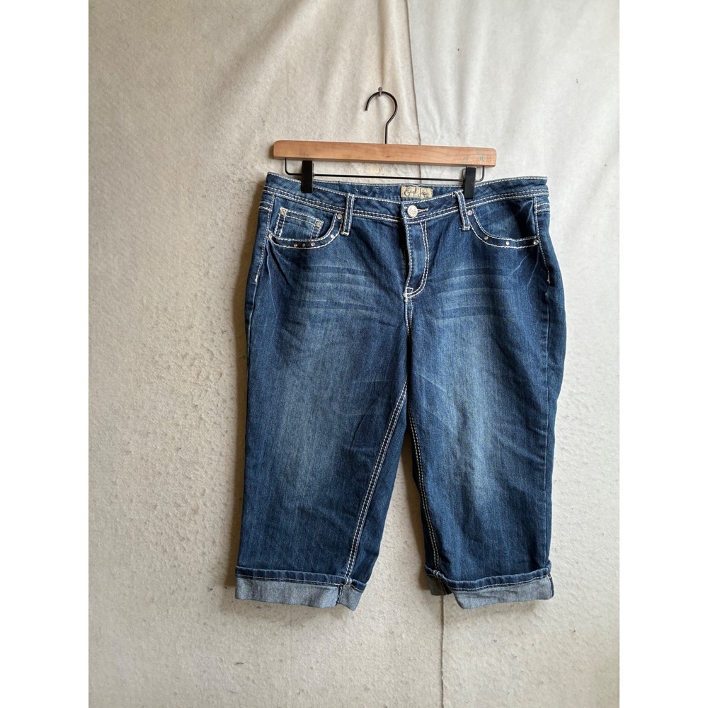 Earl Jean Womens Dark Wash Embellished Denim Capri Jeans Size 16 Heavy Stitch